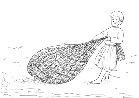 John 21 11 Feed My Sheep   Simon Peter With A Net Full Of Fish Coloring Page